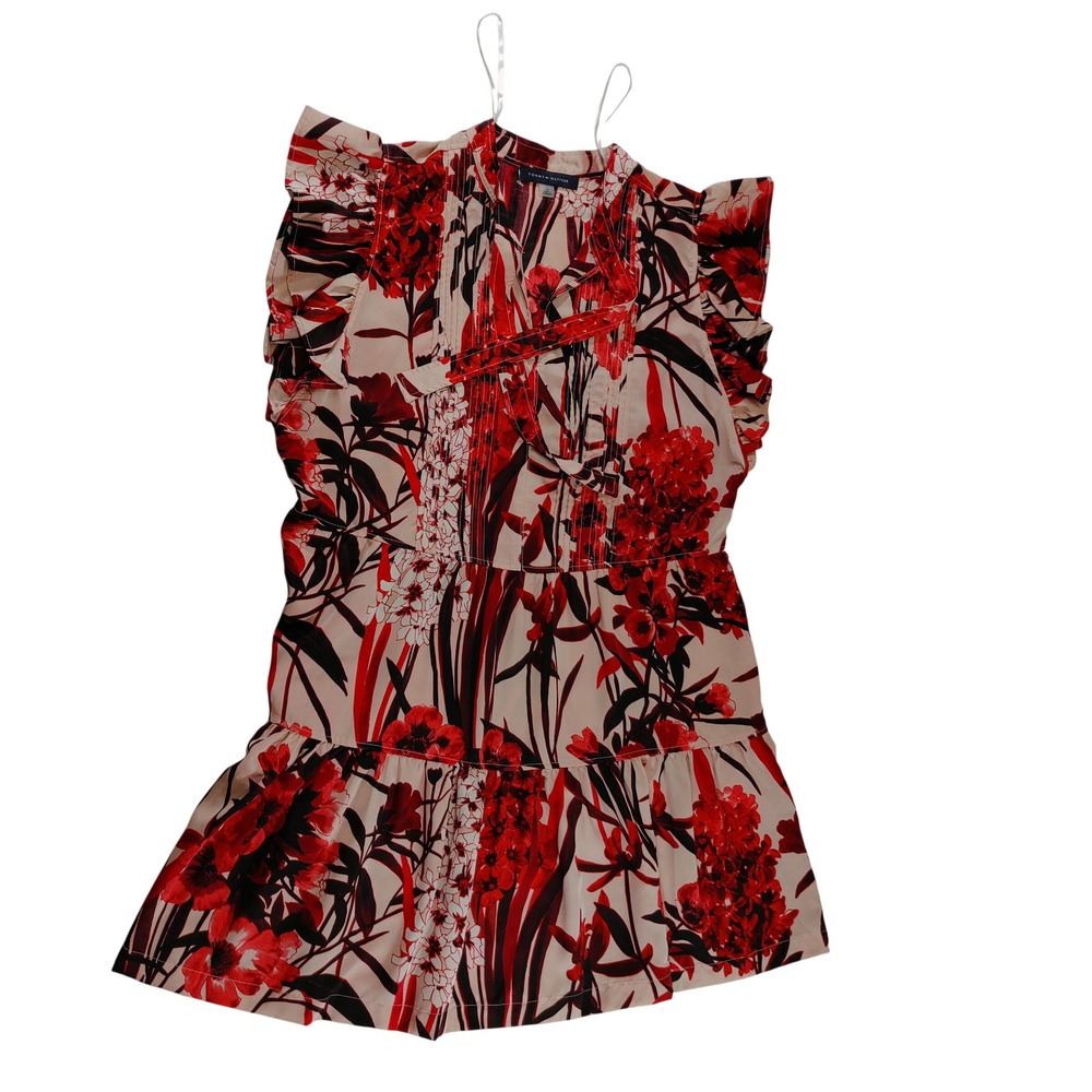 Tommy Hilfiger Women‎ Floral Ruffle Sleeve Tiered Dress Size 14 Red Beige NWOT